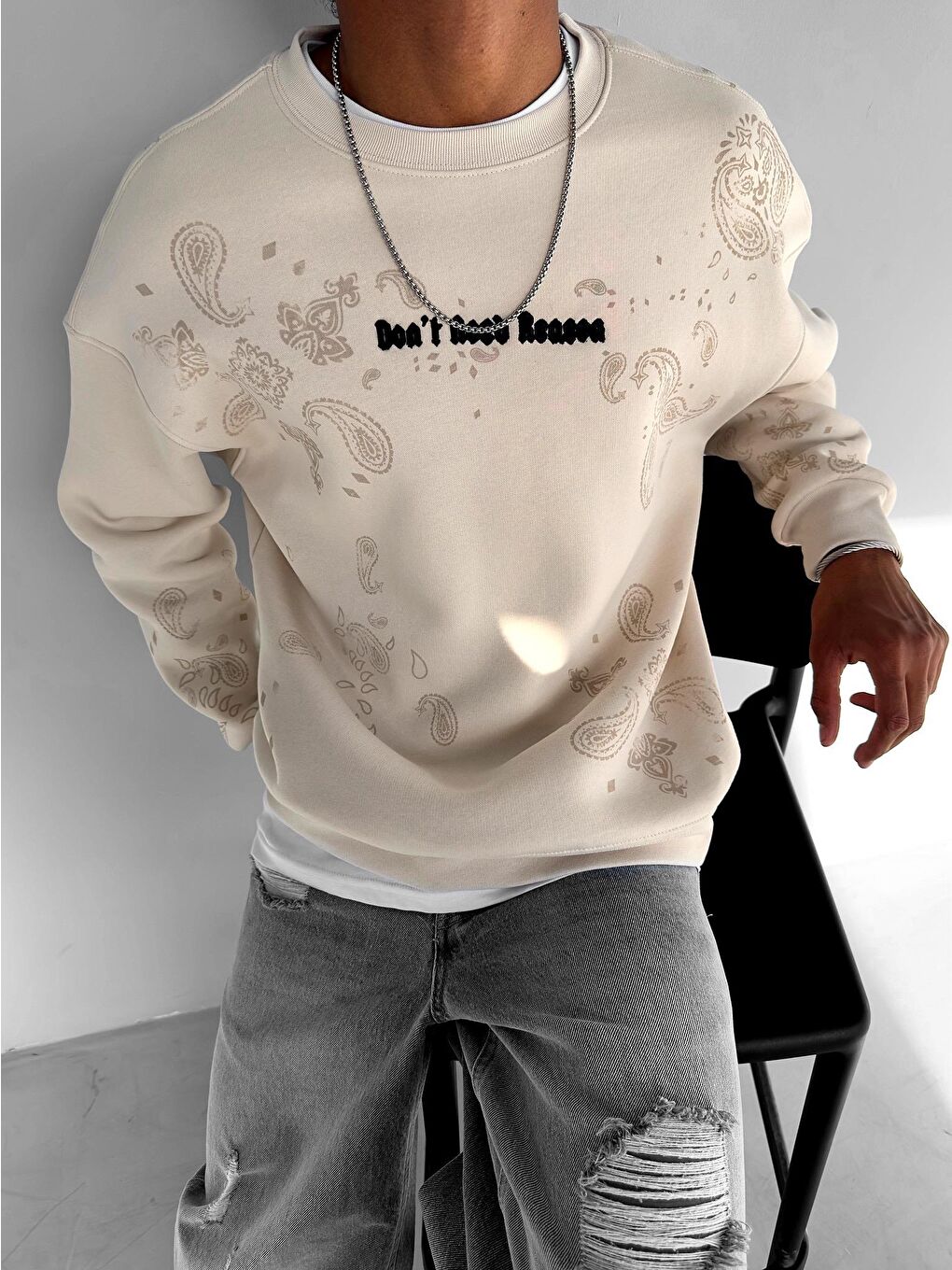 Oversize Baskılı Sweatshirt Bej