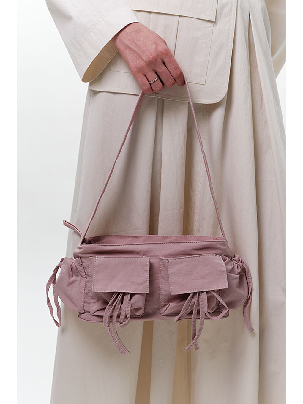 Cep Detaylı Bağcıklı Çanta Pembe-1