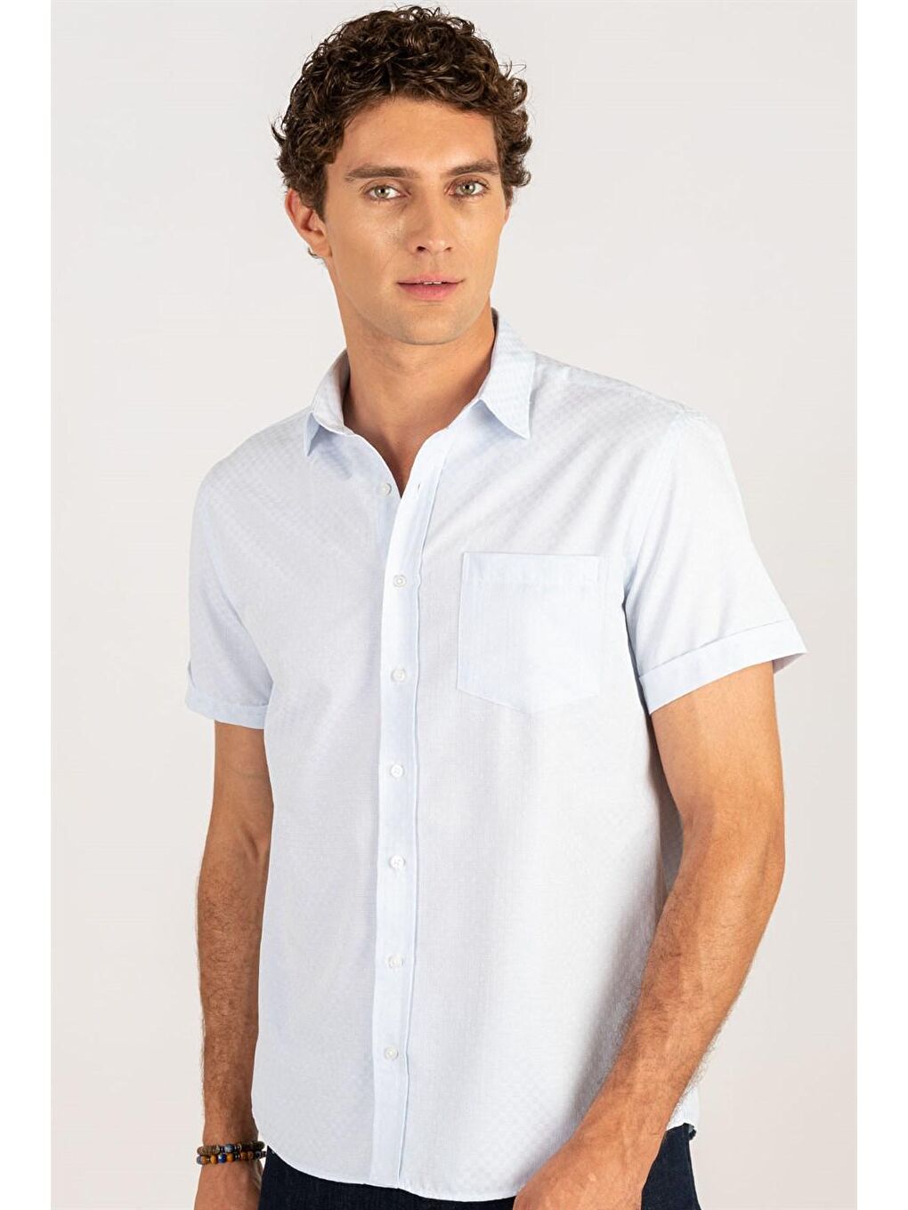 Mavi Klasik Fıt Kısa Kol Armürlü Kravatlık Erkek Gömlek-1