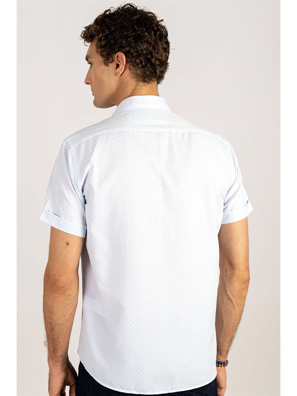 Mavi Klasik Fıt Kısa Kol Armürlü Kravatlık Erkek Gömlek-3