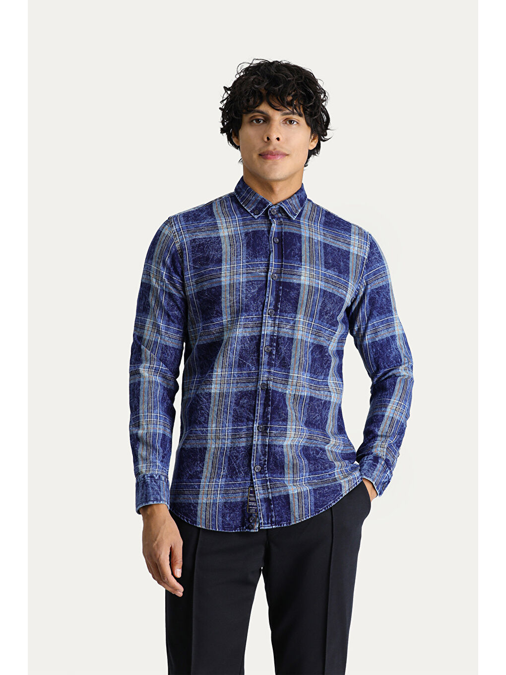 Lacivert Uzun Kol Slim Fit Dar Kesim Ekose Spor Pamuk Gömlek-2