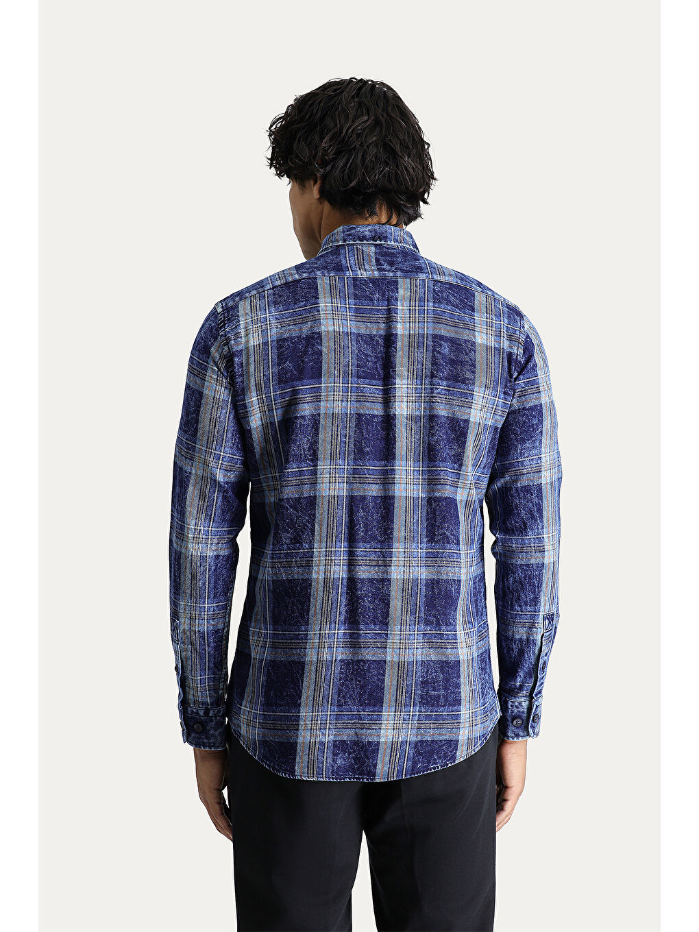 Lacivert Uzun Kol Slim Fit Dar Kesim Ekose Spor Pamuk Gömlek-3