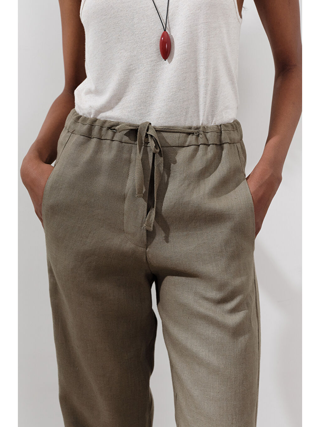 Keten Barrel Pantolon Haki-3