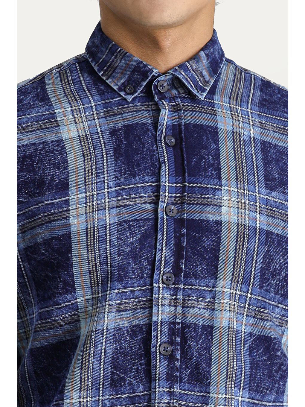 Lacivert Uzun Kol Slim Fit Dar Kesim Ekose Spor Pamuk Gömlek-4