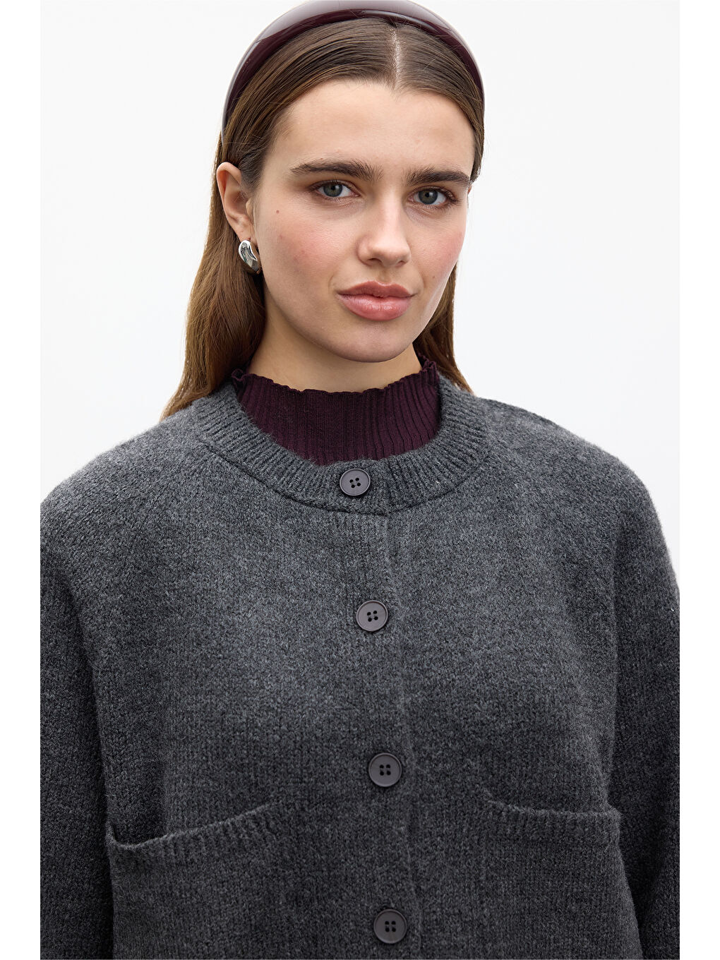 Düz Örgü Düğmeli Triko Hırka Antrasit-2