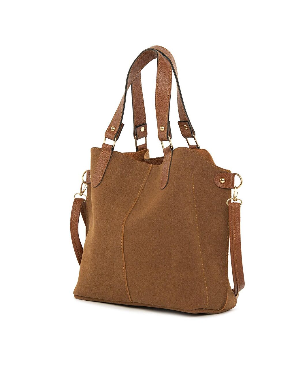 Kahverengi Üç Bölmeli Çıtçıt Detaylı Nubuk Çanta-1