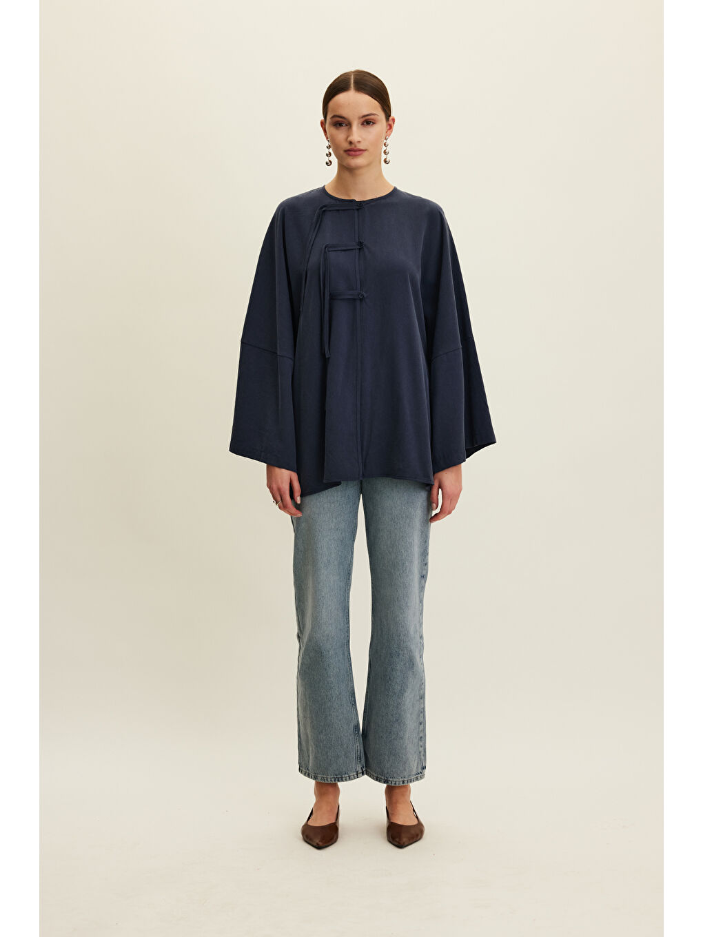 Lyocell Bağlama Detaylı Gömlek Lacivert-1