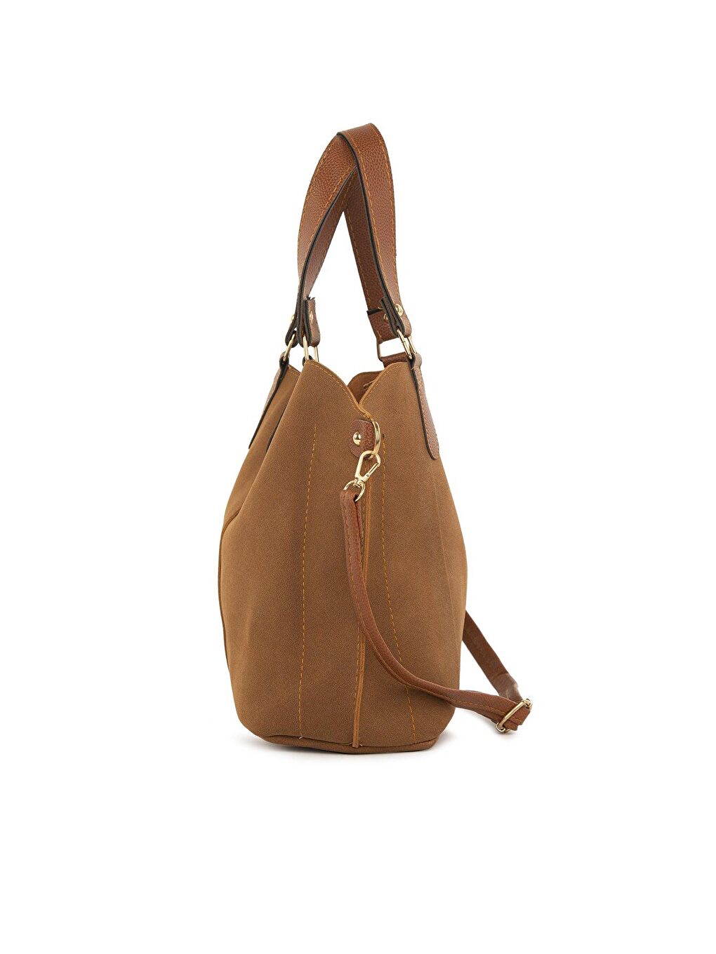 Kahverengi Üç Bölmeli Çıtçıt Detaylı Nubuk Çanta-2