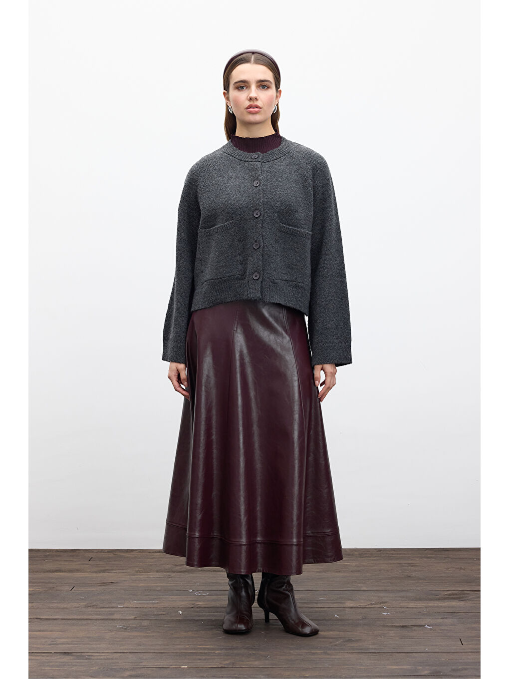 Düz Örgü Düğmeli Triko Hırka Antrasit-3