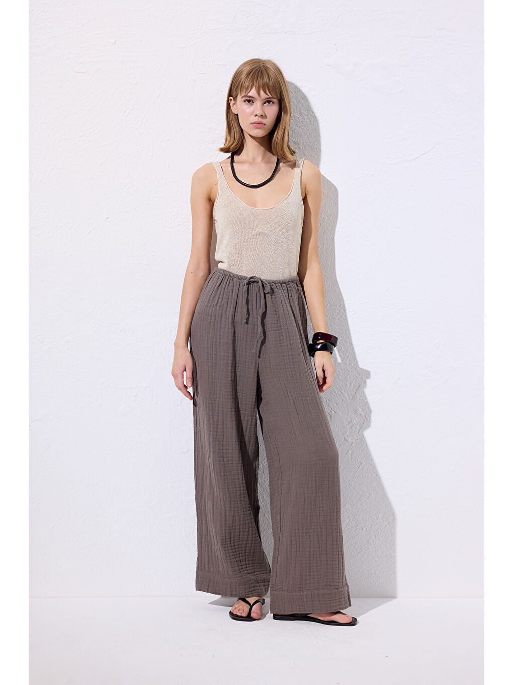 Müslin Bağlamalı Pantolon Gri-2
