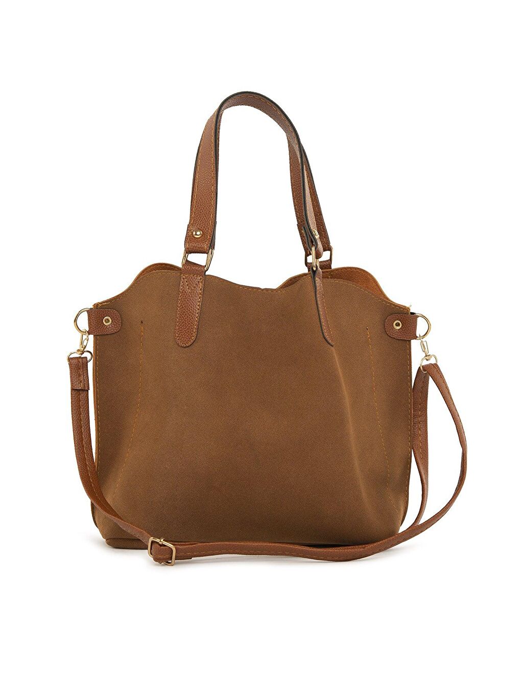 Kahverengi Üç Bölmeli Çıtçıt Detaylı Nubuk Çanta-3