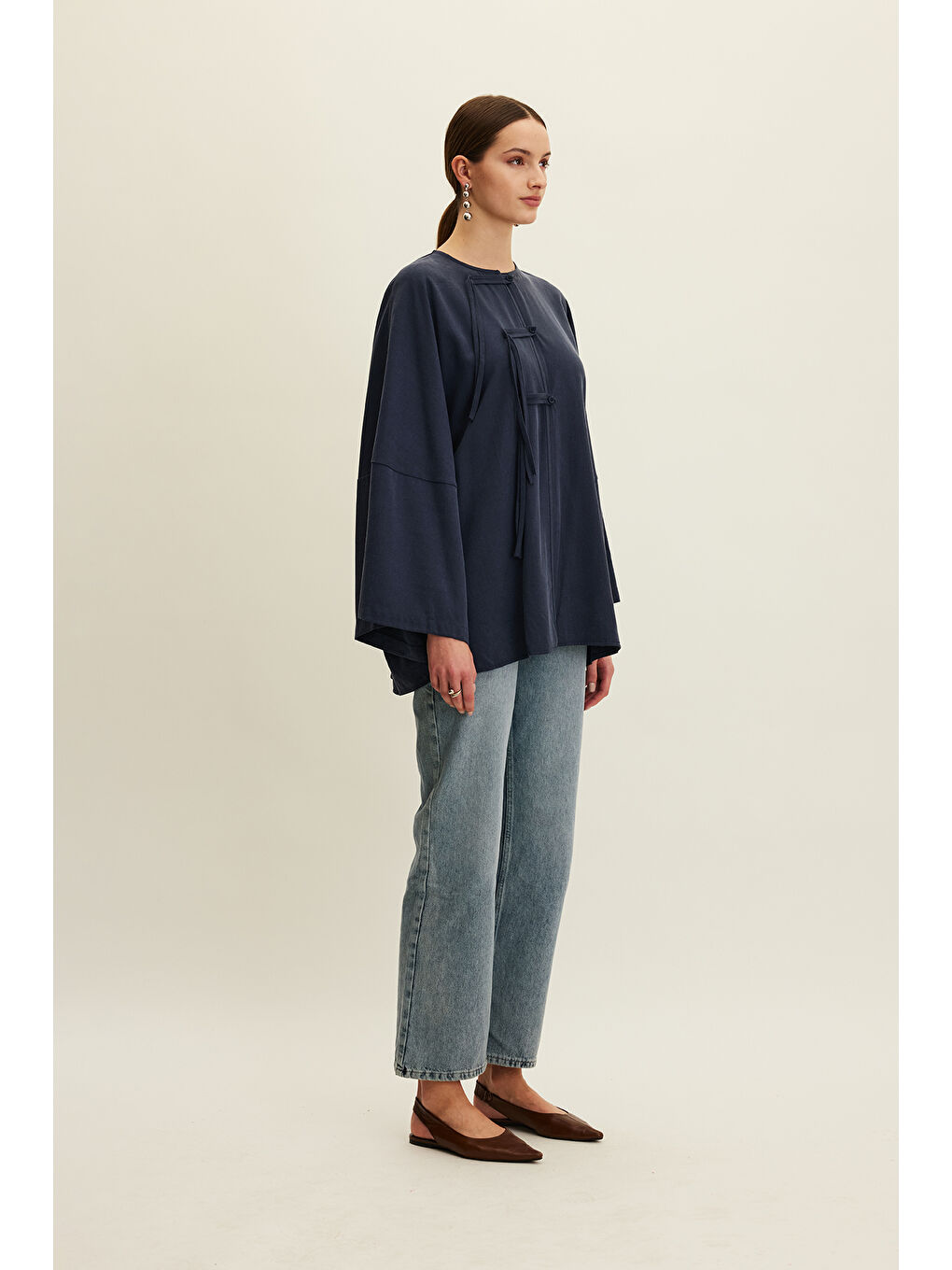Lyocell Bağlama Detaylı Gömlek Lacivert-3
