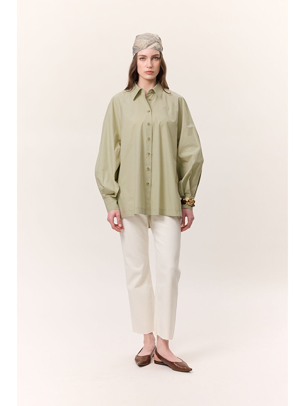 Yeşil Geniş Kol Detaylı Gömlek Çağla-5