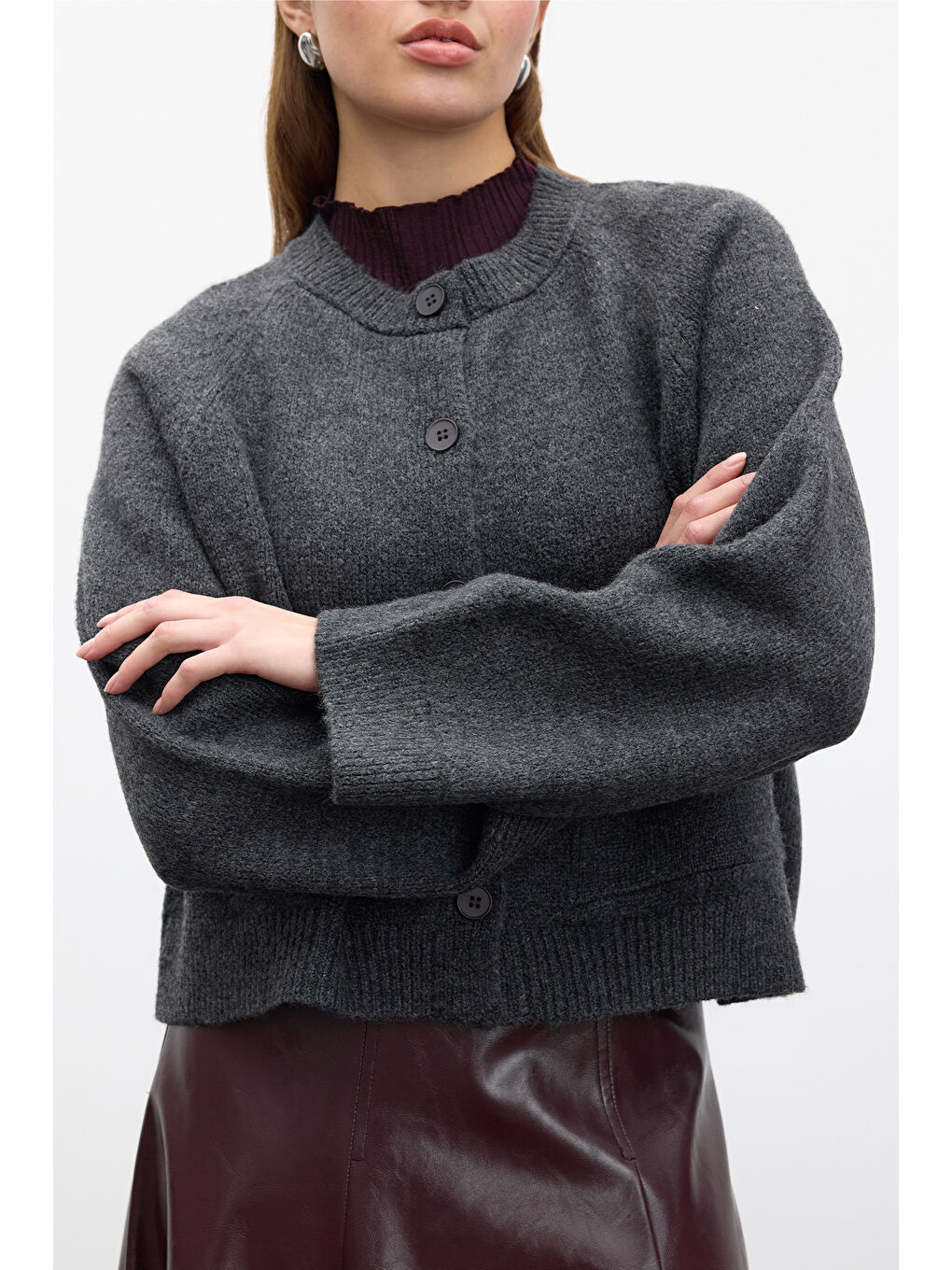 Düz Örgü Düğmeli Triko Hırka Antrasit-4