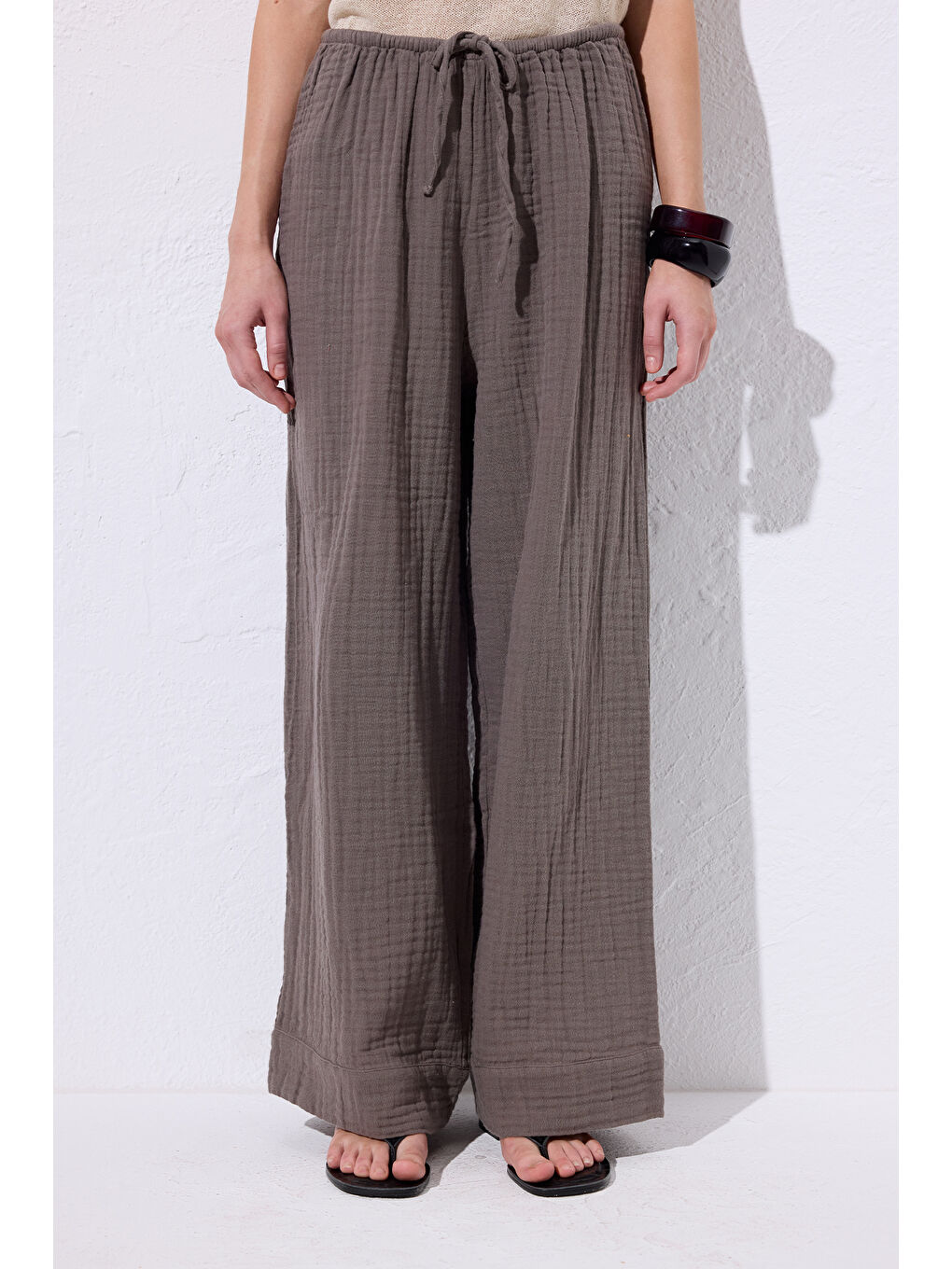 Müslin Bağlamalı Pantolon Gri-3