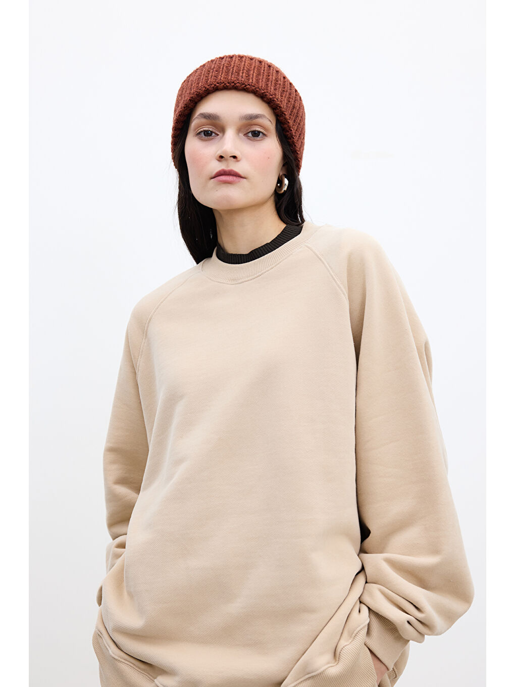 Kahverengi Oversize Basıc Sweatshırt Camel