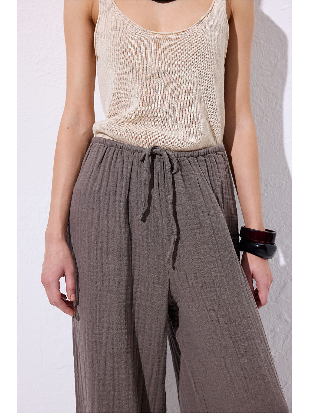 Müslin Bağlamalı Pantolon Gri-4