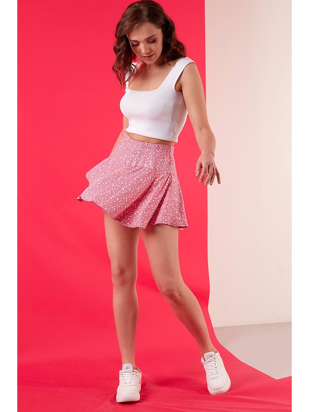 Fuşya Çiçekli Beli Lastikli Şort Etek 5864024