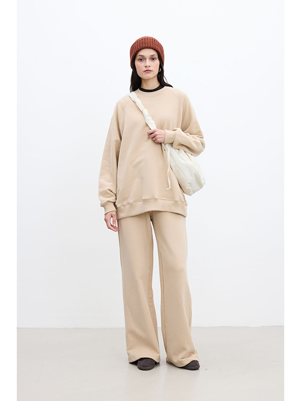 Kahverengi Oversize Basıc Sweatshırt Camel-1