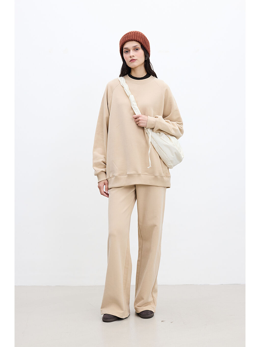 Kahverengi Oversize Basıc Sweatshırt Camel-2