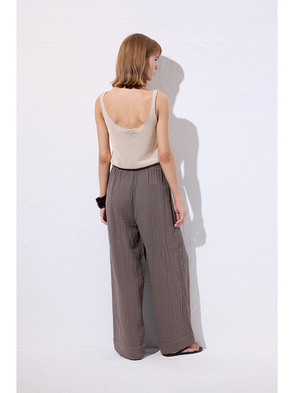 Müslin Bağlamalı Pantolon Gri-6