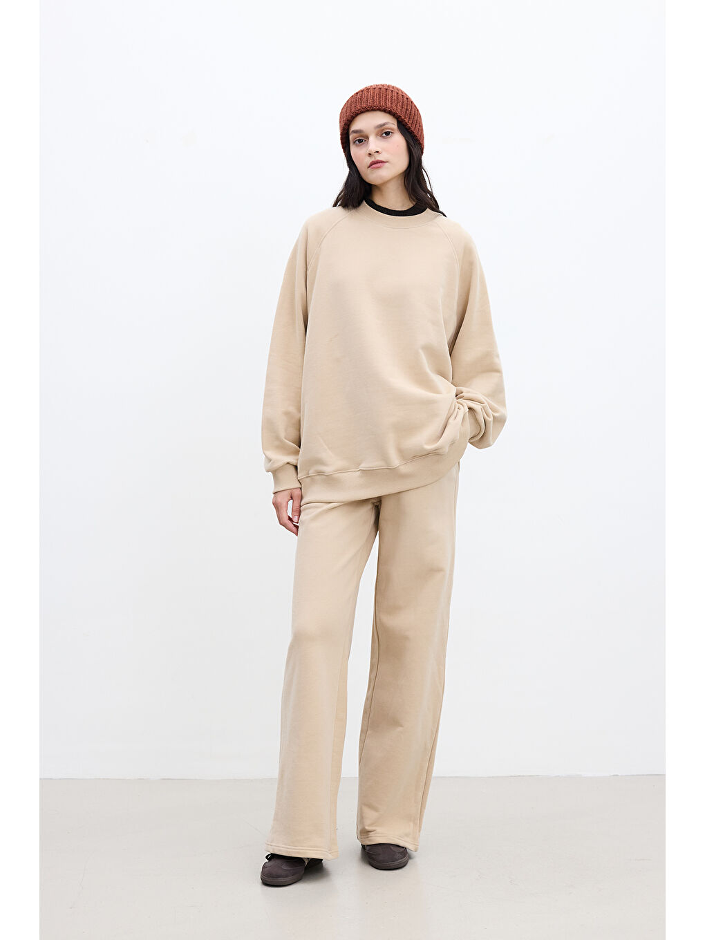 Kahverengi Oversize Basıc Sweatshırt Camel-3