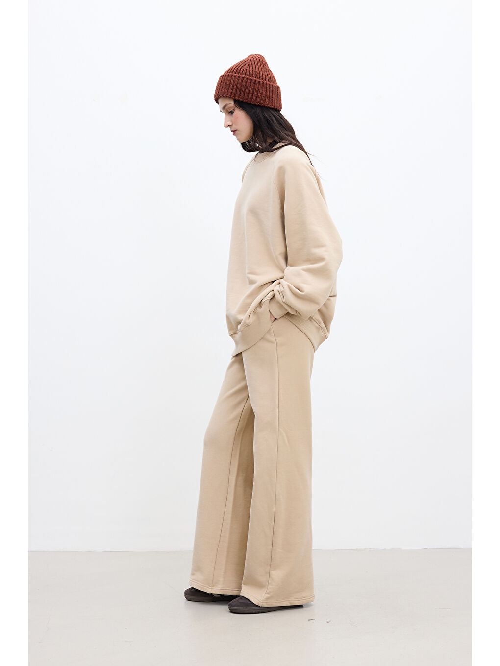 Kahverengi Oversize Basıc Sweatshırt Camel-4