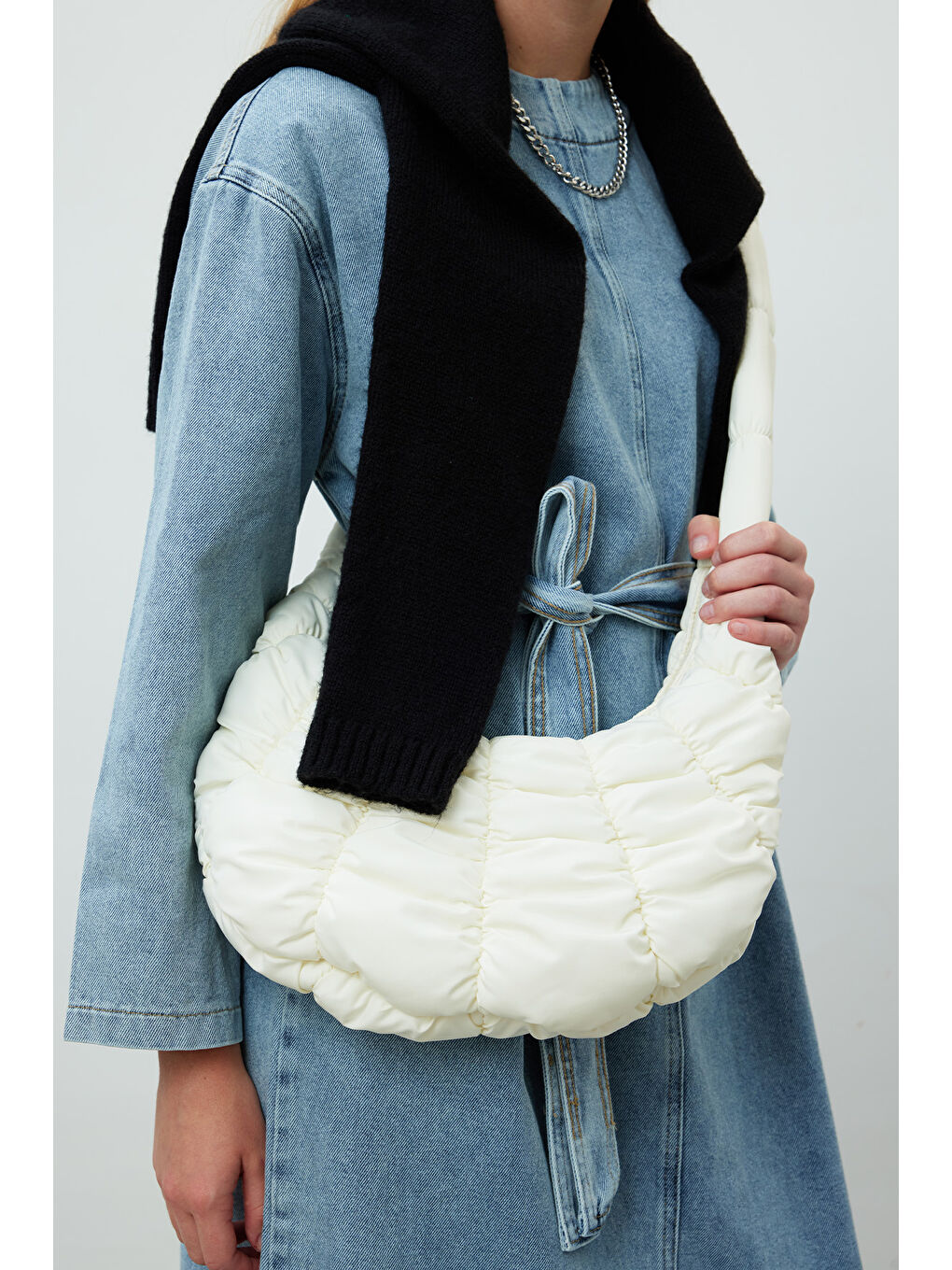 Kapitoneli Mini Çapraz Çanta Ekru