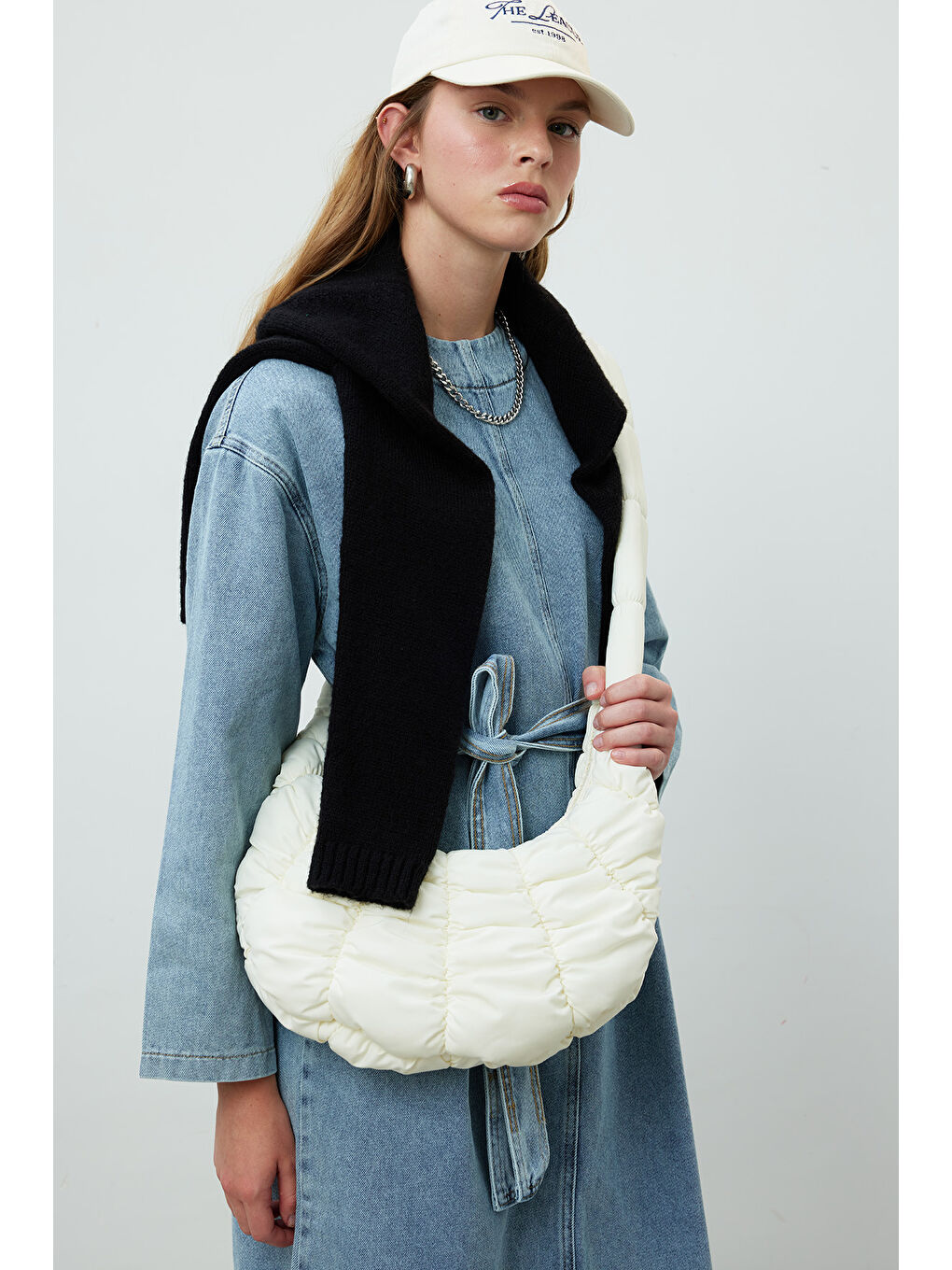 Kapitoneli Mini Çapraz Çanta Ekru-1