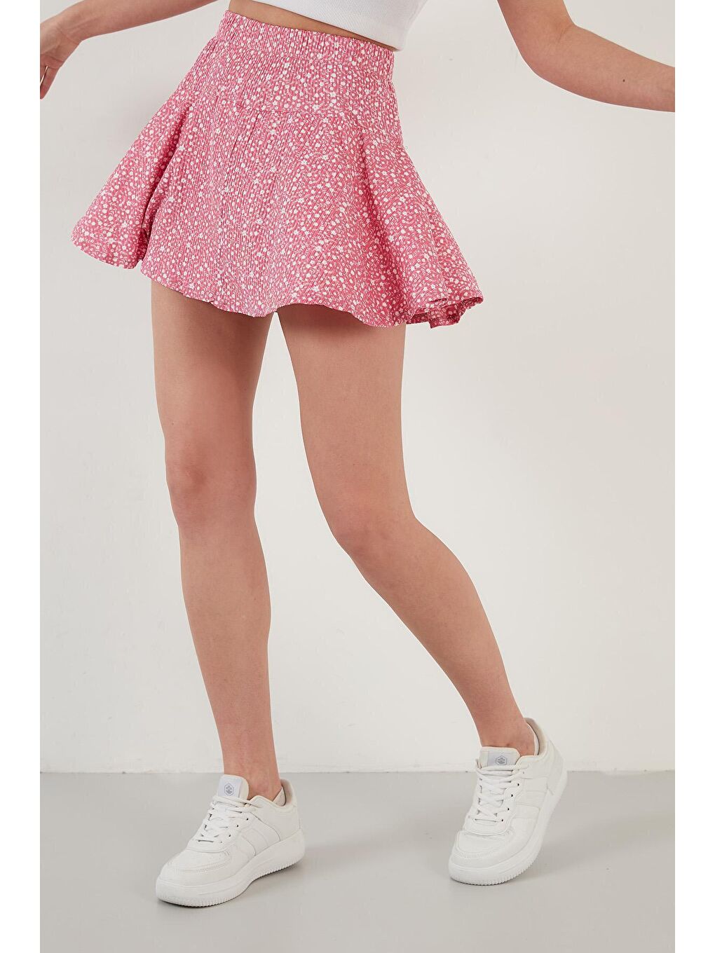 Fuşya Çiçekli Beli Lastikli Şort Etek 5864024-2