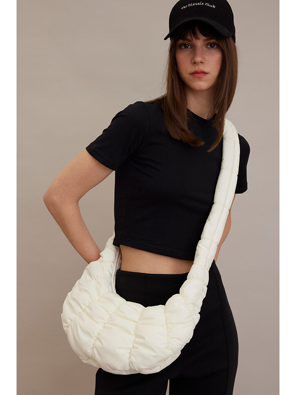 Kapitoneli Mini Çapraz Çanta Ekru-3