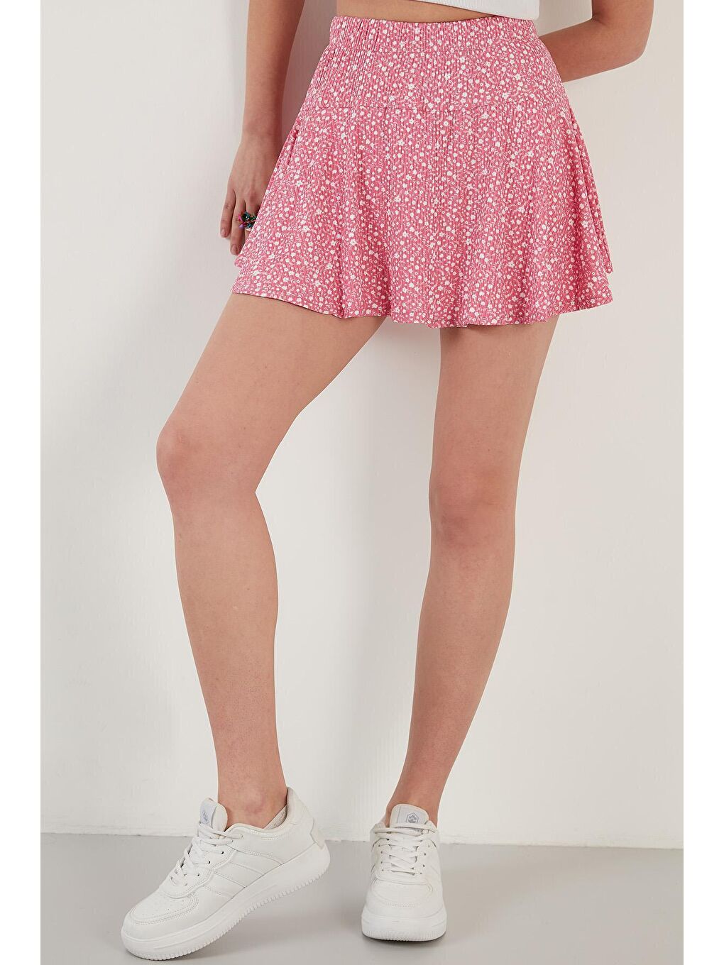 Fuşya Çiçekli Beli Lastikli Şort Etek 5864024-3