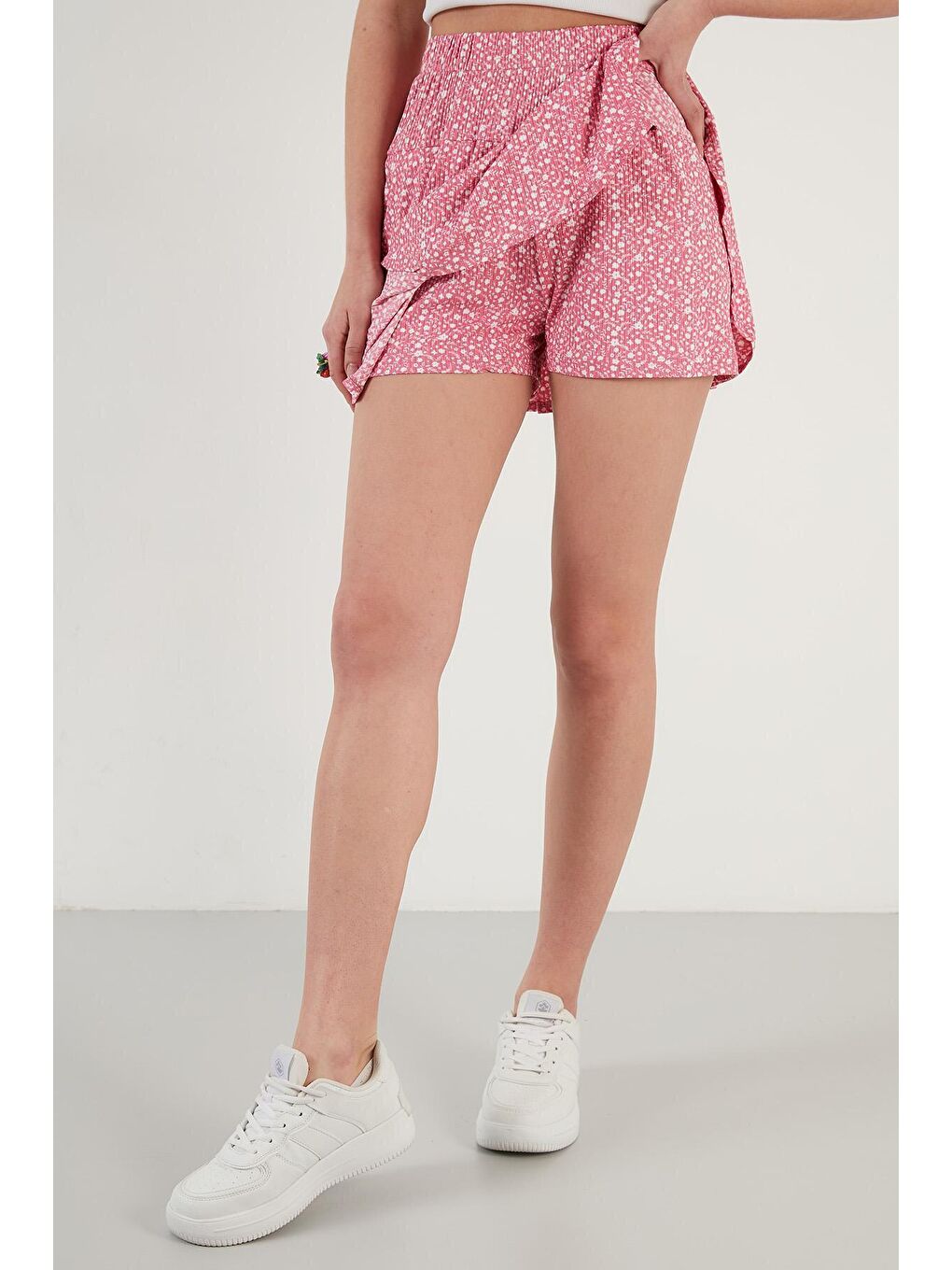 Fuşya Çiçekli Beli Lastikli Şort Etek 5864024-4