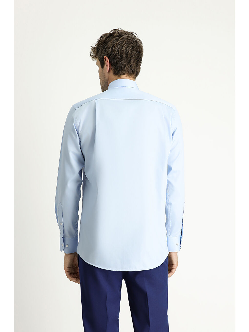 Mavi Uzun Kol Non Iron Saten Klasik Pamuklu Gömlek-4