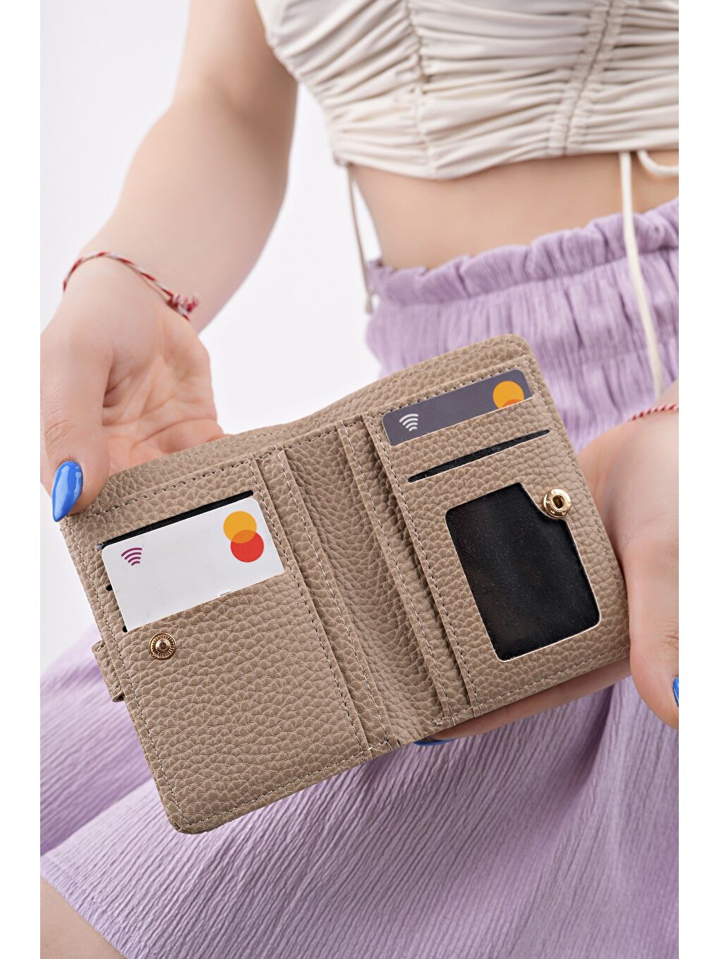 Bej ARYA Bozuk & Kağıt Para Bölmeli Fermuarlı Kartlık Kadın Cüzdan-1
