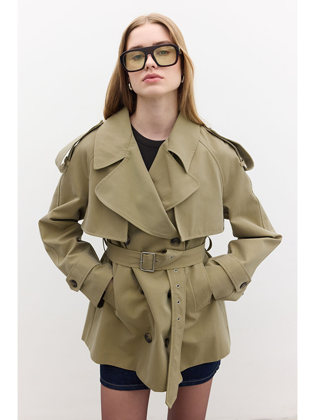 Kruvaze Kesim Kısa Trençkot Yeşil-1