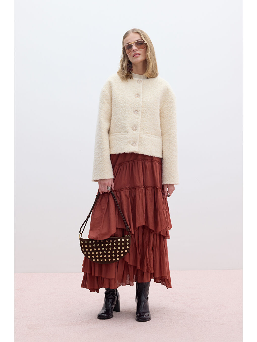 Kalın Kaşe Cepli Kısa Kaban Bej-4