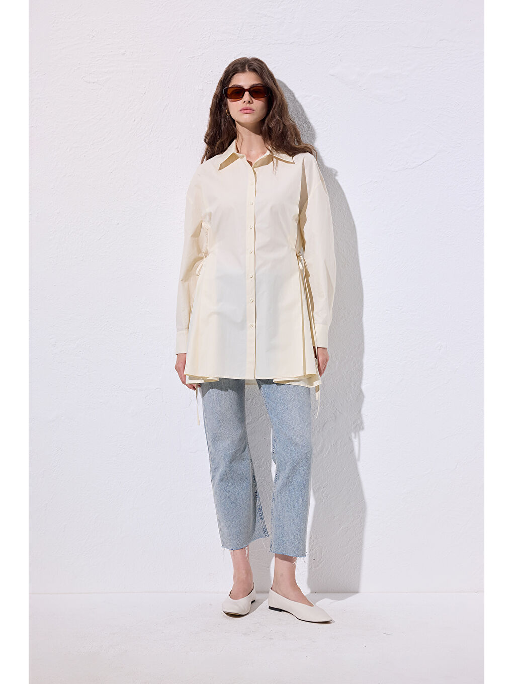 Bej Bağlama Detaylı Gömlek Vanilya-2