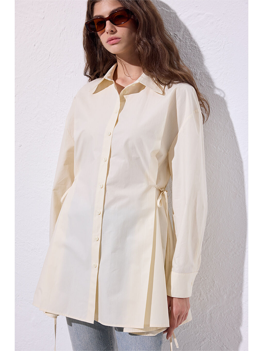 Bej Bağlama Detaylı Gömlek Vanilya-3