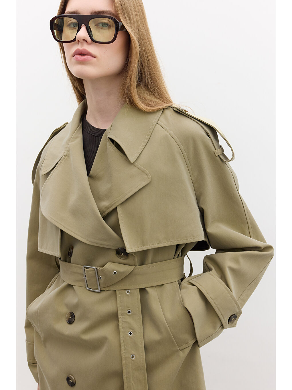 Kruvaze Kesim Kısa Trençkot Yeşil-4