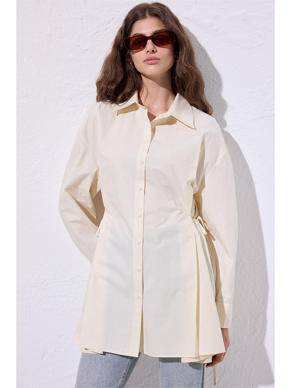 Bej Bağlama Detaylı Gömlek Vanilya-5