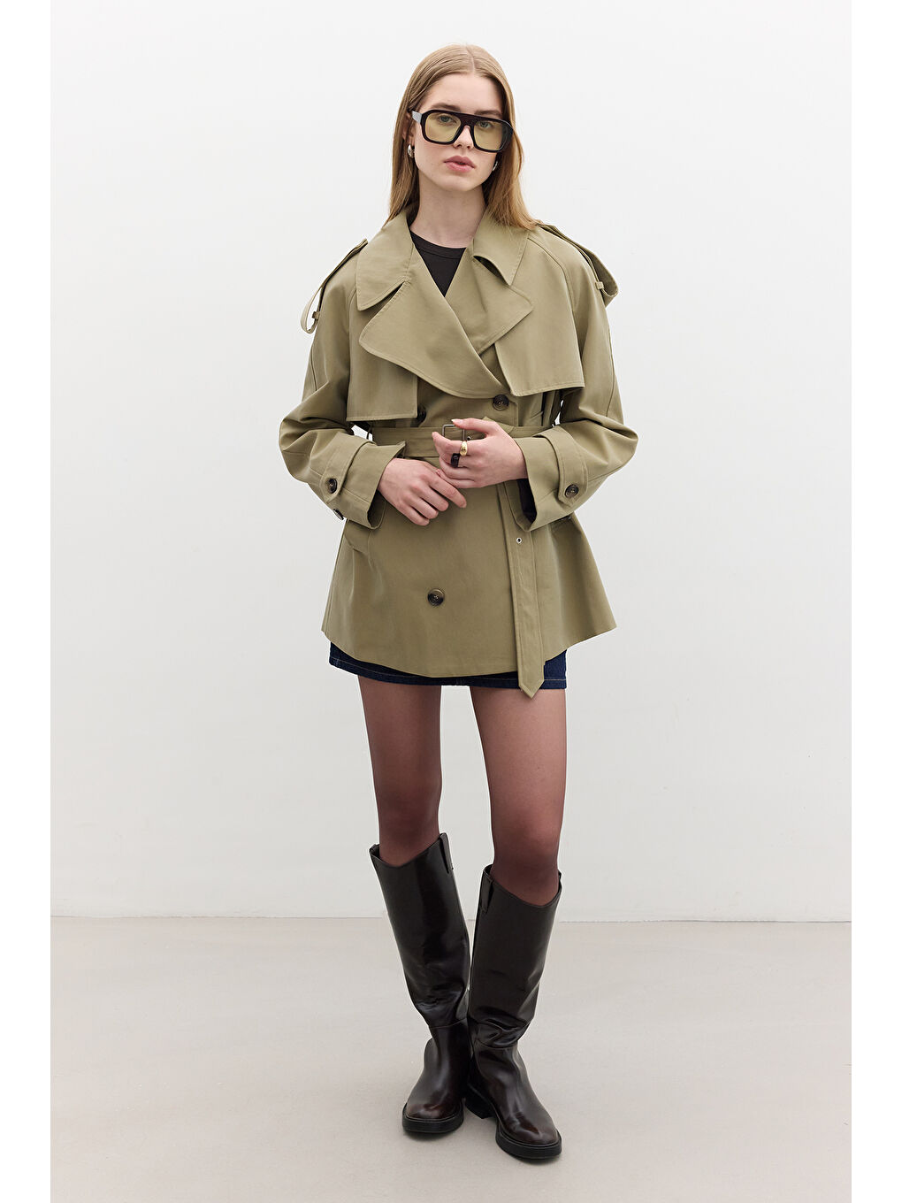 Kruvaze Kesim Kısa Trençkot Yeşil-5