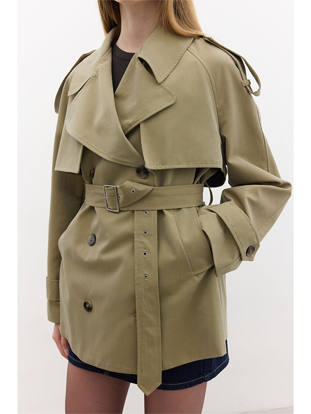 Kruvaze Kesim Kısa Trençkot Yeşil-6