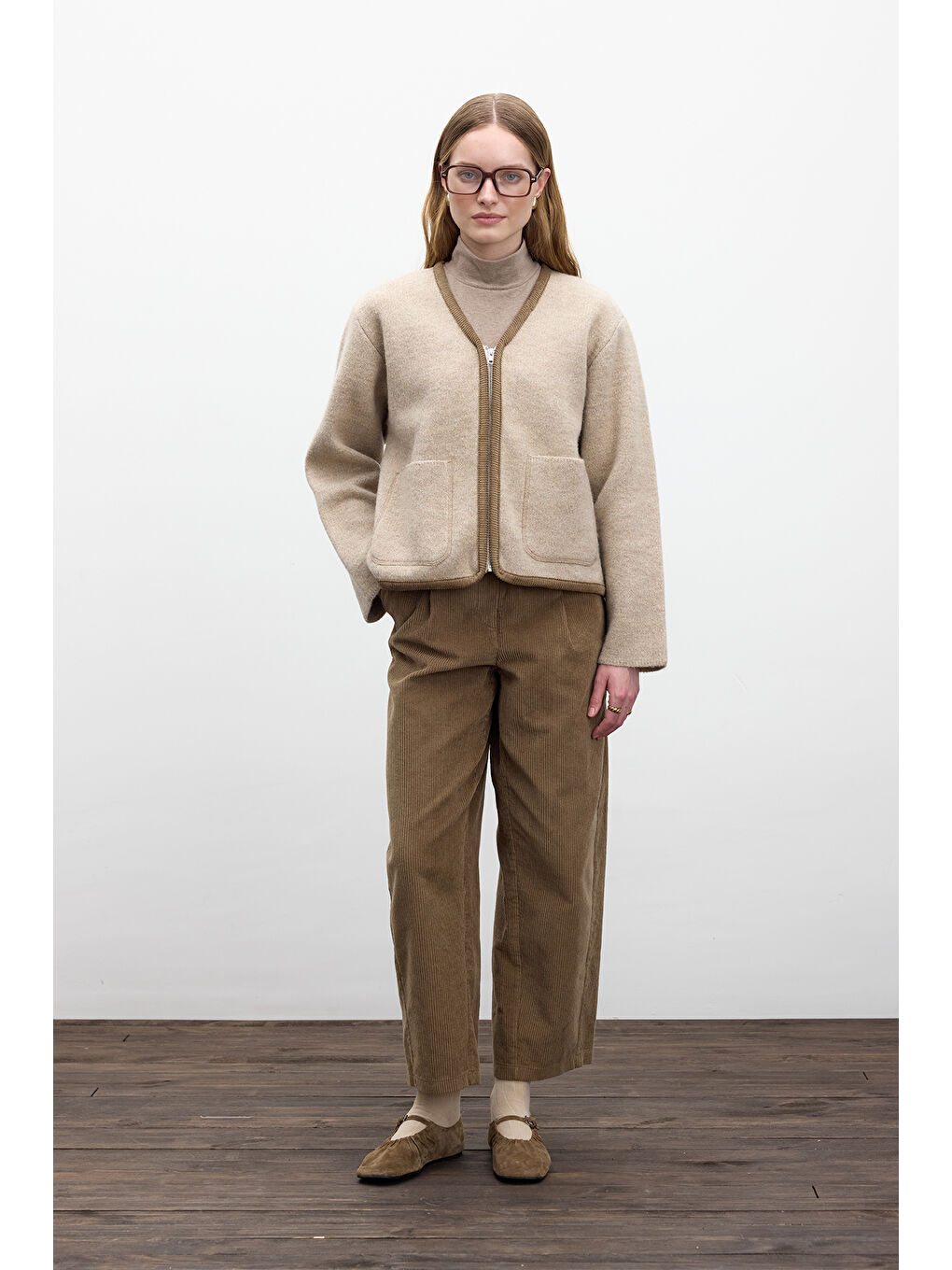 Düz Örgü Fermuarlı Triko Hırka Bej-1