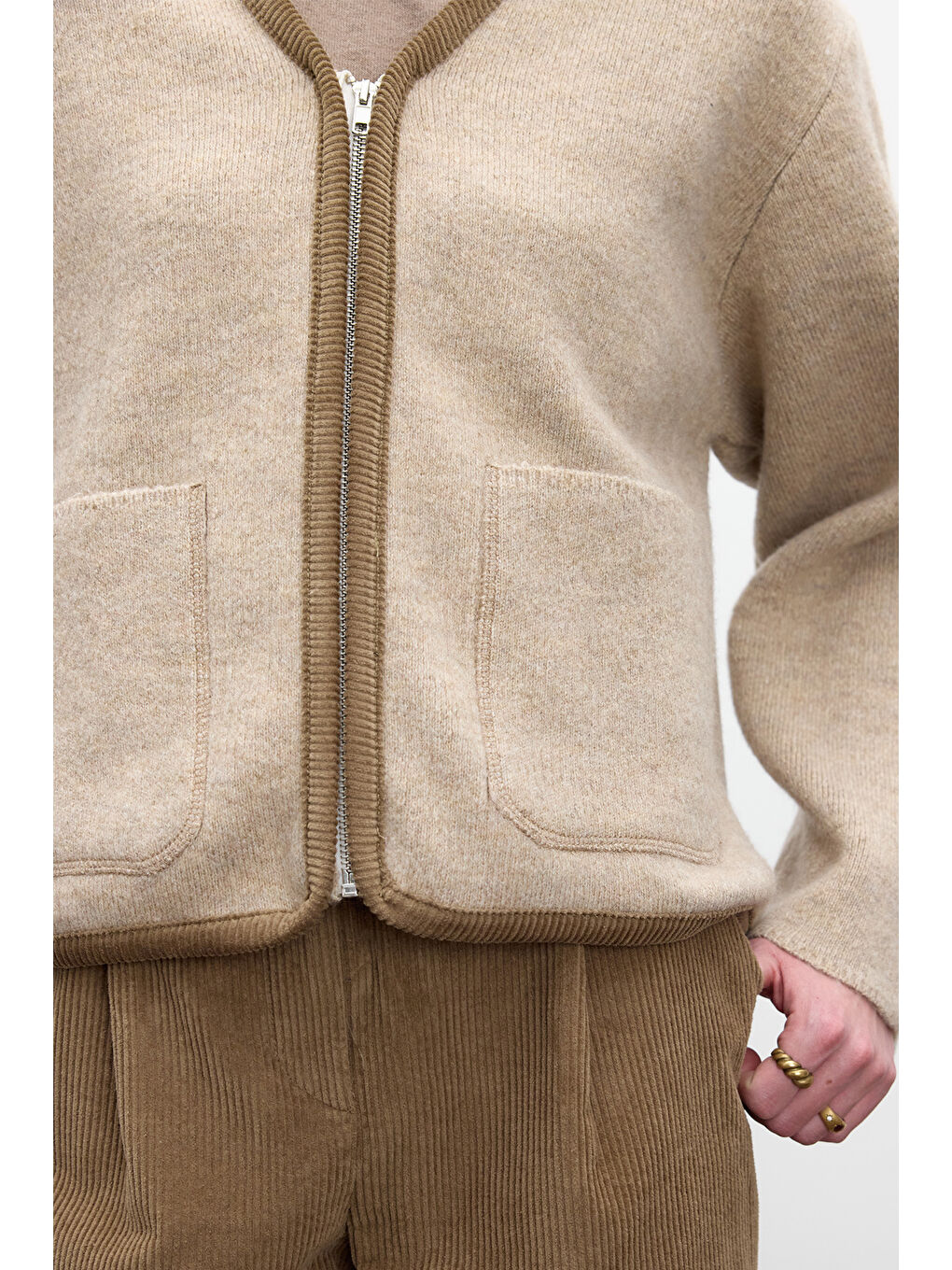 Düz Örgü Fermuarlı Triko Hırka Bej-3