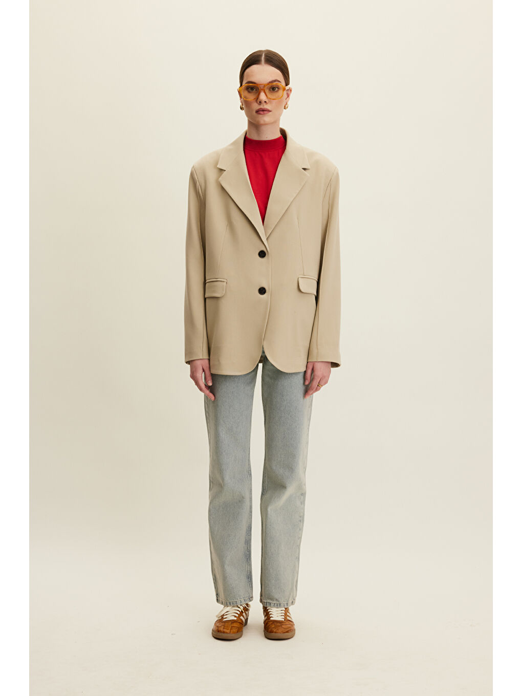 Klasik Kesim Blazer Ceket Bej-3