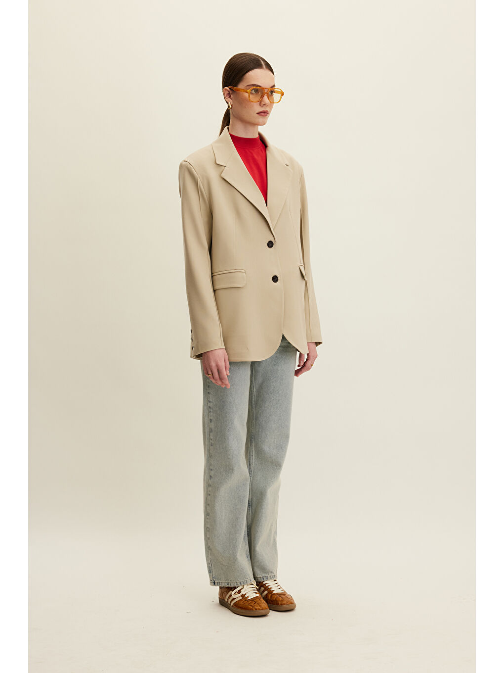 Klasik Kesim Blazer Ceket Bej-4