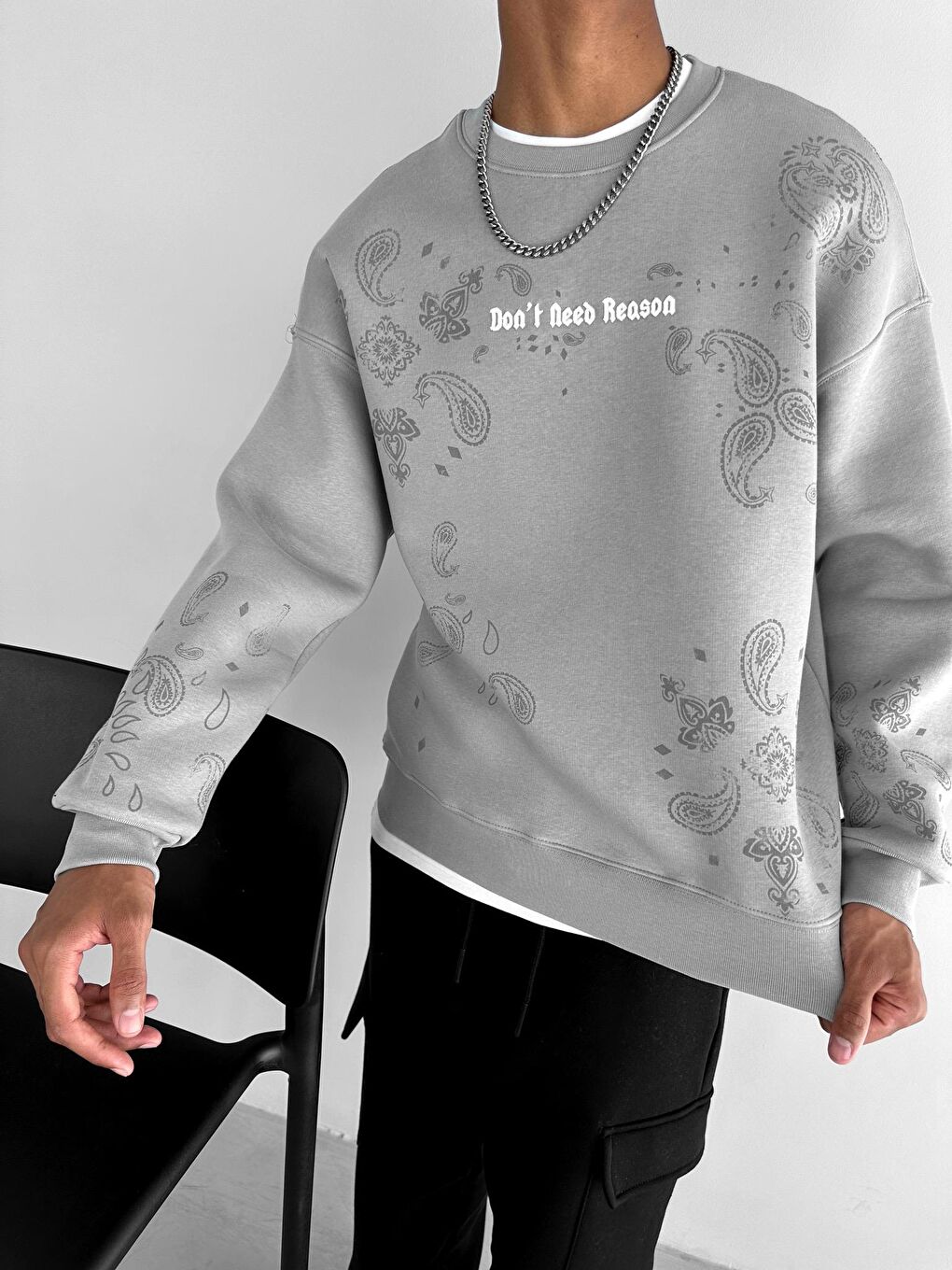 Erkek Oversize Baskılı Sweatshirt Gri