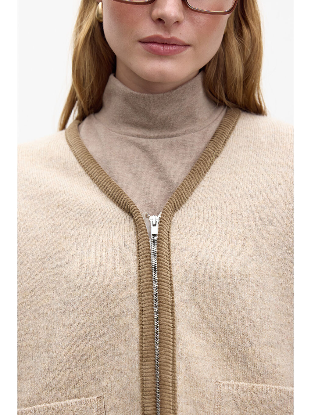 Düz Örgü Fermuarlı Triko Hırka Bej-4