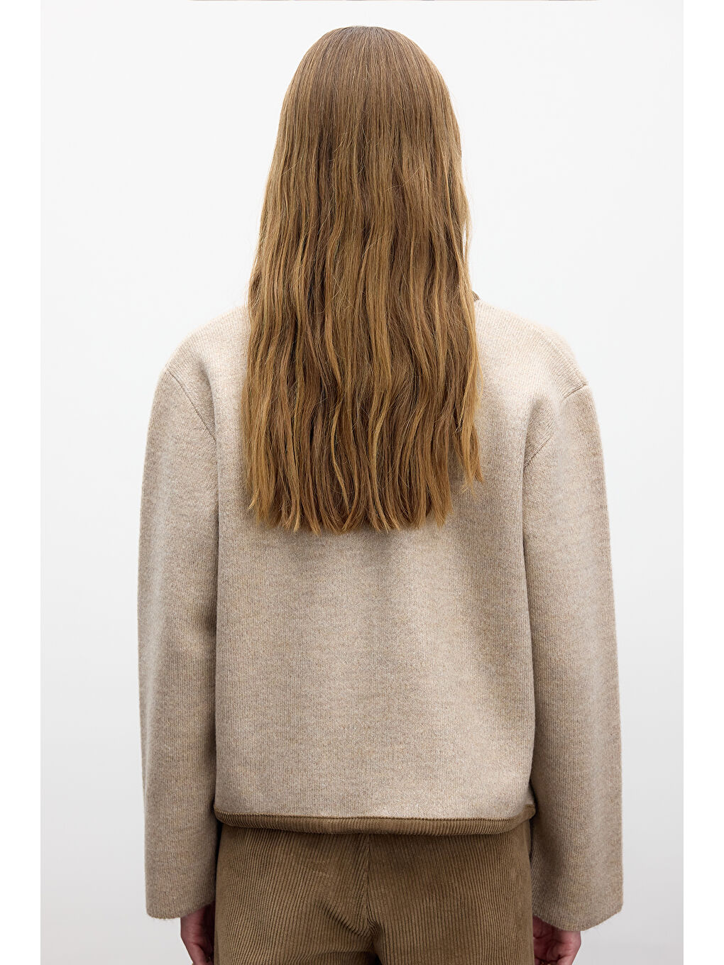 Düz Örgü Fermuarlı Triko Hırka Bej-5